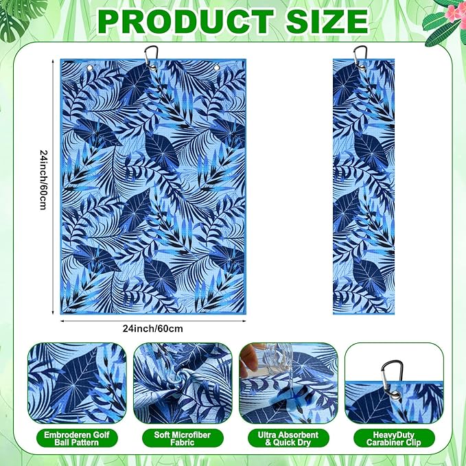 Fanfanwin 9 Pcs Golf Towel Bulk 24 x 16 Inches Microfiber Waffle Towel with Clip Tri Fold Portable Rag Accessories for Golf Bag Mini Tournament Club Yoga Fitness Remove Sand Mud Dirt Sweat(Hawaiian)