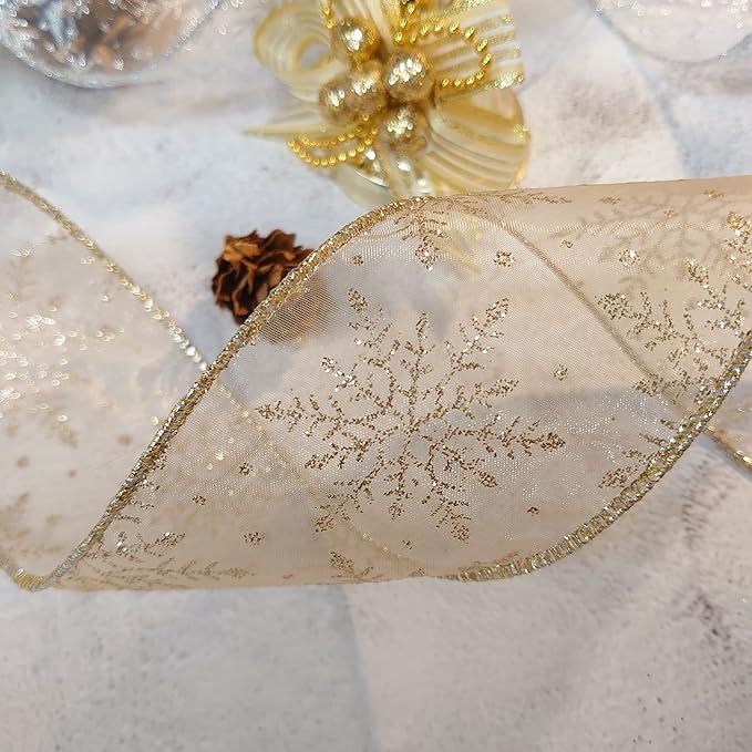 CT CRAFT LLC Organza with Champagne Gold Glitter Snowflakes Wired Ribbon 2.5 - Image 6