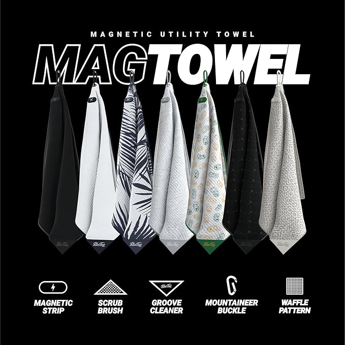 Blue Tees Golf Premium Magnetic Towel - Super Strong Magnet - Microfiber Waffle Design - Silicone Brush - Groove Cleaner - Bag Buckle - Standard & Caddy Sizes
