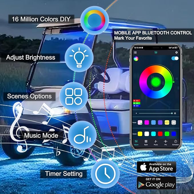 Golf Cart Underbody and Canopy LED Lights 6Pcs, 12V - 80V Input Golf Cart Underglow Light Kit Bluetooth APP Control for EZGO Club Car Yamaha, Music Mic Sync Modes (Included Voltage Reducer)