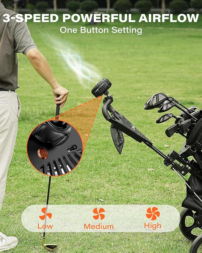 A2C Rechargeable Golf Cart Fan, 4000mAh Battery Operated Clip On Fan for EZGO Club Car Yamaha, 360° Rotating Portable Cooling Fan, 3 Speed Settings, Golf Season Course Cart Essential Accessories