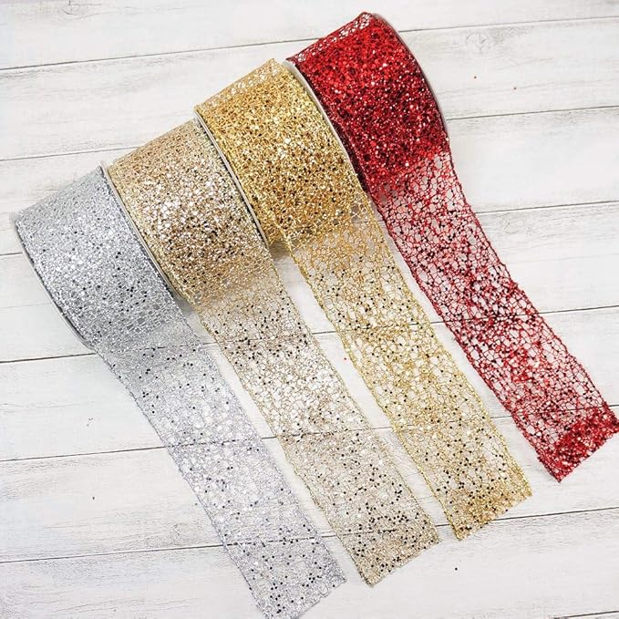 CT CRAFT LLC Sparkling Glitter Mesh Wired Ribbon 2.5" x 10 Yards Red - Image 7