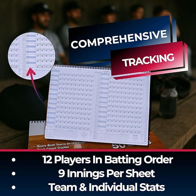 Covey Sports Premium Baseball Scorebook with 50-Game Capacity - Side-by-Side Format for Tracking Both Teams on One Page - Softball Score Keeping Book with Pitch Count Tracker