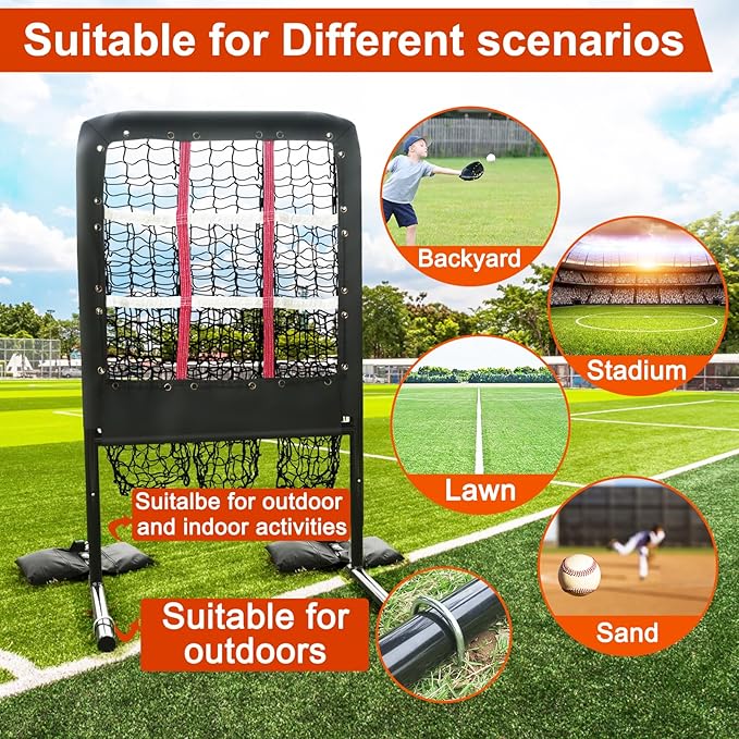 9 Hole Pitching Net with Strike Zone and Handbag, 2X3' Fixed by 4 Ground Stakes or 2 Sandbags. Adjustable Heights(39-46in) for Pitching Target Net
