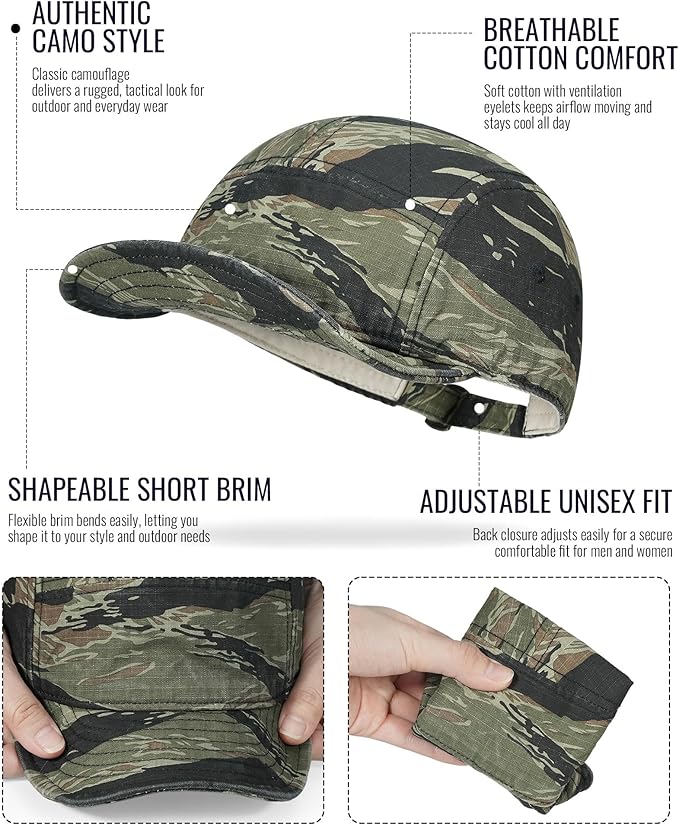 CLAPE Camo Short Brim Baseball Cap for Men, Low Profile 5 Panel Camper Hat Breathable Cotton Summer Outdoor Cool Running Hat