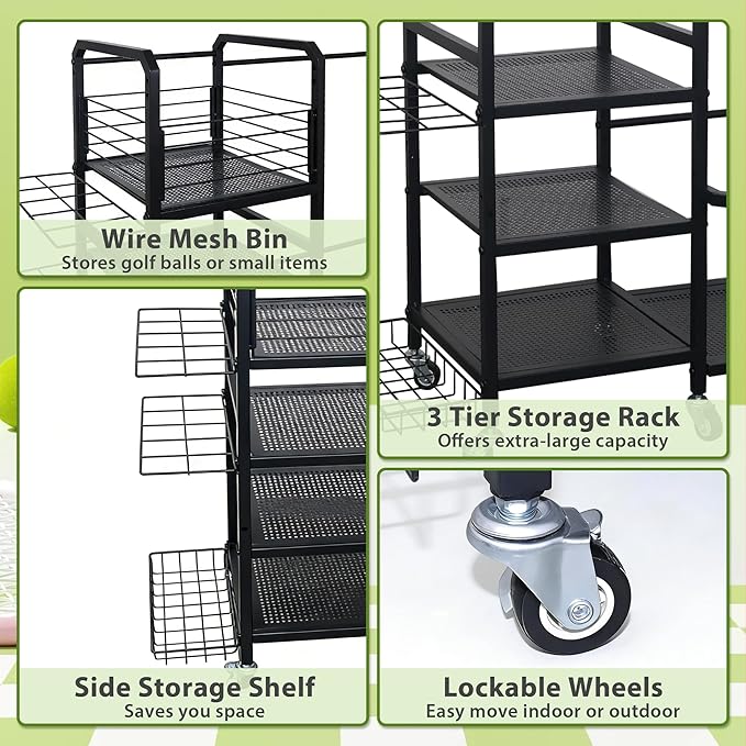 Golf Bag Storage Rack with Wheels, Golf Bag Organizer Fits 2 Bags and Store golf clubs, balls, shoes, and golf equipment accessories, Sturdy Golf Storage Rack for Home Garage Club Basement, Black