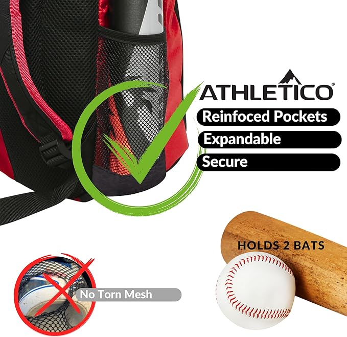 Athletico Youth Baseball Bag - Bat Backpack for Baseball, T-Ball & Softball Equipment & Gear | Holds Bat, Helmet, Glove | Fence Hook