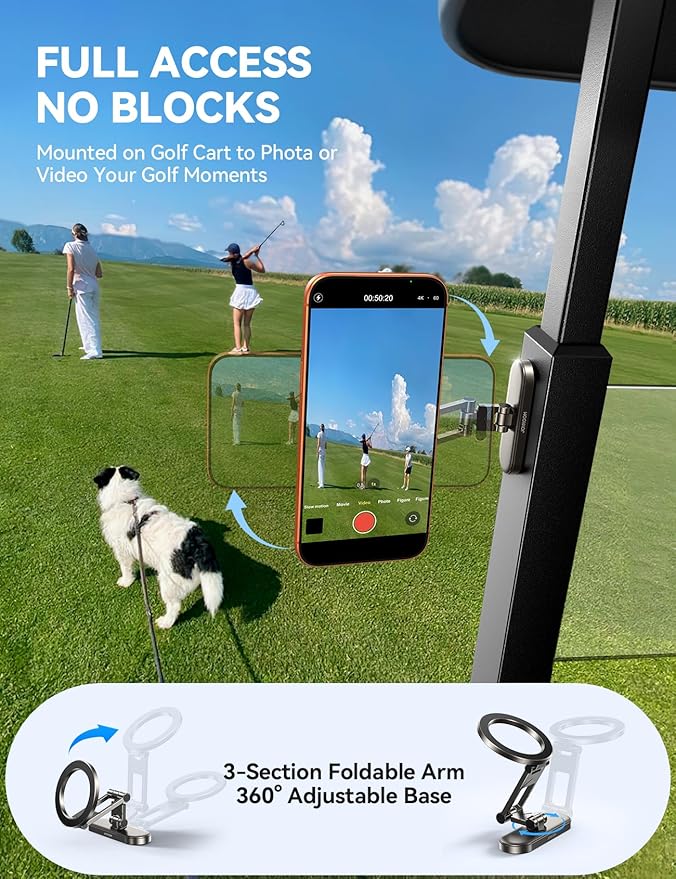 JOYROOM Upgraded Magnetic Golf Cart Phone Holder, [Tri-fold+All Alloy] Golf Gifts for Men Him Golfers dad, 2026 Golf Cart Accessories Compatible with MagSafe iPhone 17-12 for Club Car, EZGO, Yamaha