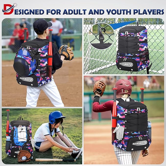 RAINSMORE Baseball Bag for Youth & Adult Lightweight Softball Bat Bag with Shoe Compartment, External Helmet Holder and Fence Hook Waterproof Baseball Backpack Hold T-Ball, Bat and Softball Equipment
