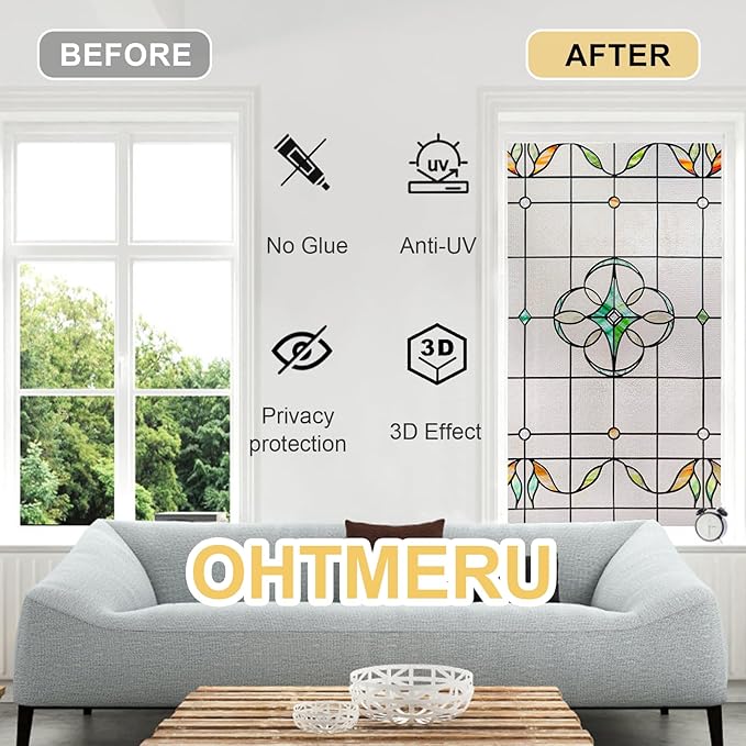3D Stained Glass Window Privacy Film, Heat Control UV Blocking Static Cling - Image 3