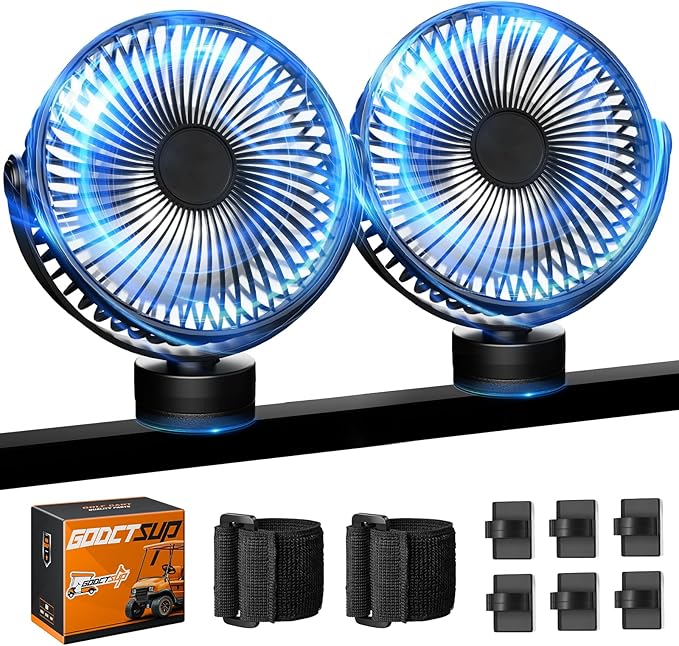 Upgrade Golf Cart Fan Rechargeable with Magnetic Base, Portable 12000mAh Magnetic Fan with 4 Speeds, LED Lantern, Fits Club Car EZGO YAMAHA Golf Cart & Cruise Ship Accessories