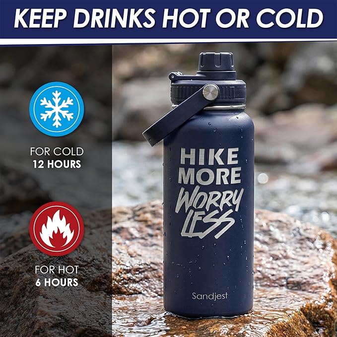 SANDJEST Hiking Insulated Stainless Steel Water Bottle 32oz, Hike More Worry Less, Vacuum Chug Lid Travel Tumbler for Men Friends Dad Brothers Hikers, Gift for Birthday Christmas Fathers Day