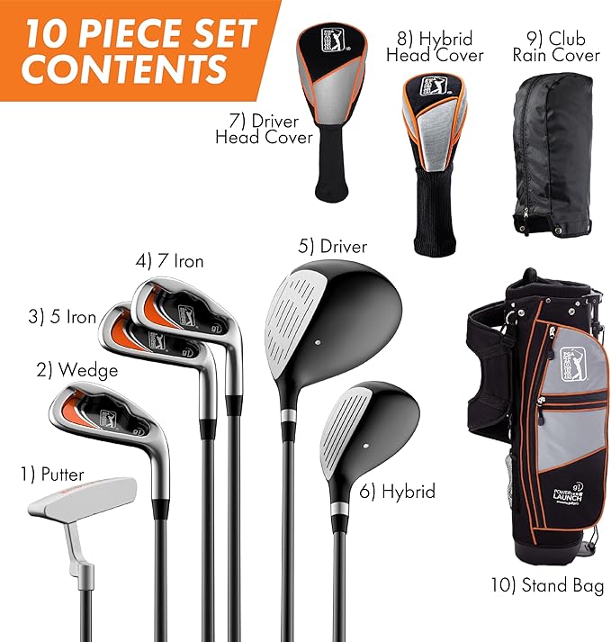 PGA Tour Youth Golf Club Set for Ages 5-15+ (3’5”-5’10”), Right and Left-Handed Kids Golf Sets – Beginner Junior Golf Clubs with Lightweight Stand Bag, Mallet Putter, Hybrid, Driver