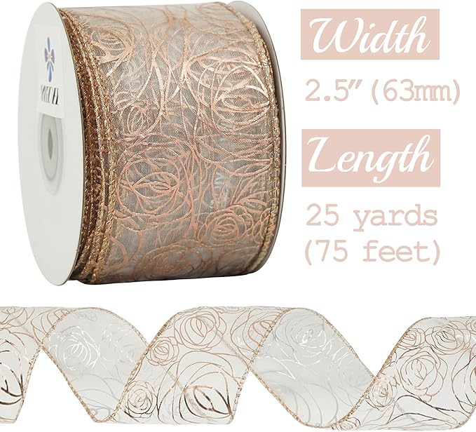 MEEDEE Floral Rose Wired 2.5 Inch Rose Gold Organza Sheer Ribbon, Wedding - Image 2