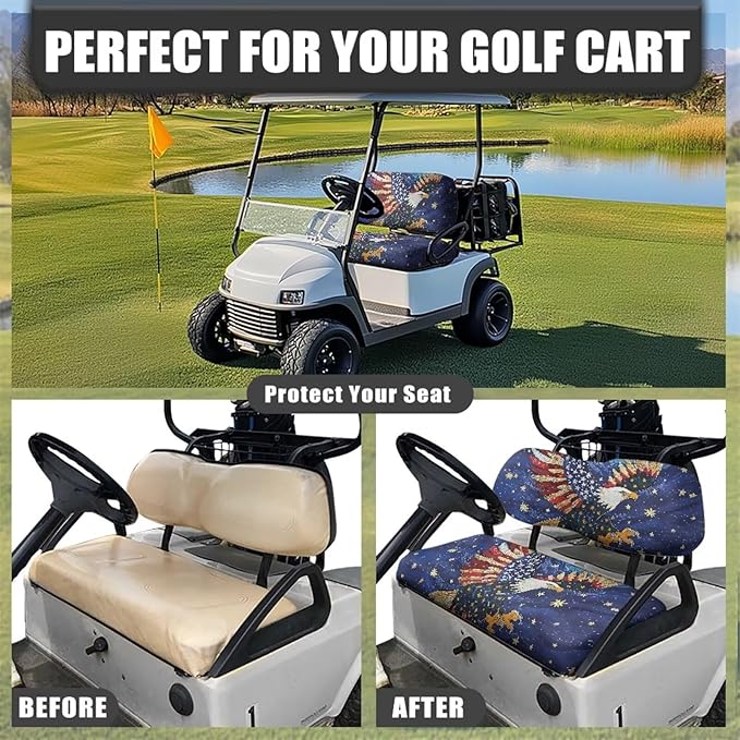 Bulopur Eagle American Flag Golf Cart Seat Covers Set for Ezgo Club Car Golf Cart Dust Covers for Bench and Backrest, Removable Golfcart Accessory