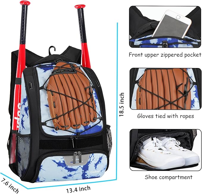 Goloni | Baseball Backpack,Baseball Bag for Adult,Softball Bat Bag with Shoes Compartment,Large Main Compartment for Helmet & accessories, Fence Hook