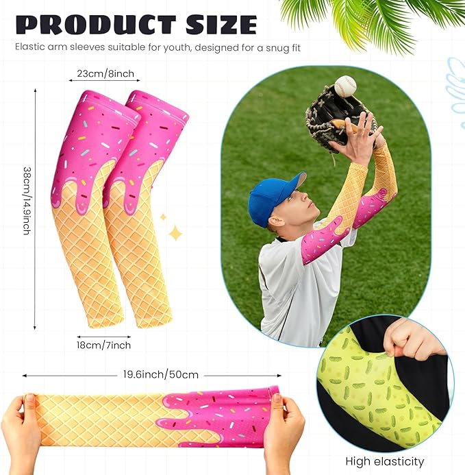 6 Pair Baseball Arm Sleeves Ice Cream Drip Palm Tree Sun Protection Youth Breathable Cooling Sleeve