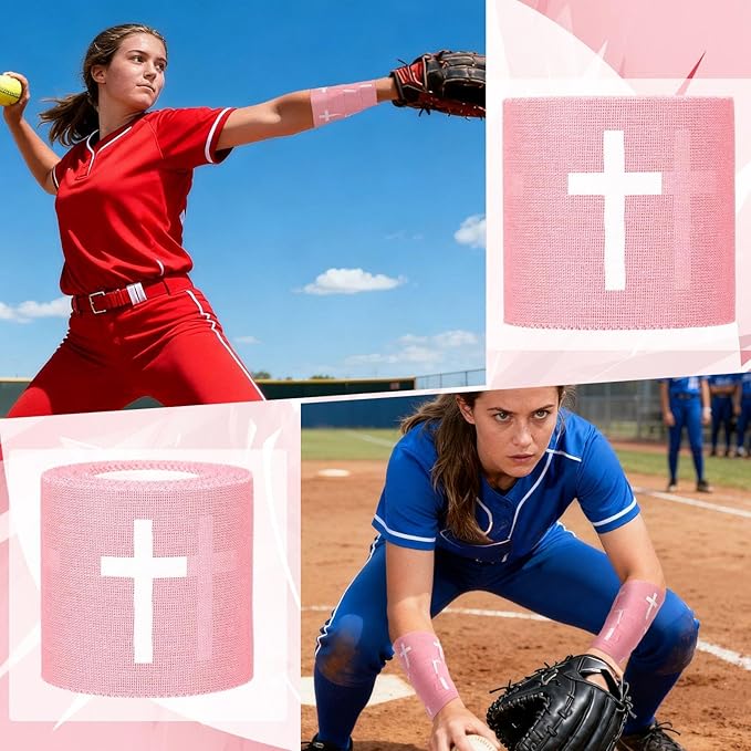 MiniInflat 2 Pcs Christian Cross Athletic Tape Sports Tape 2in x 23ft Religion Jesus Wrist Wrap for Soccer Football Baseball, Gift for Graduation Teacher Nurses Week Pentecost(Pink,Crosses)