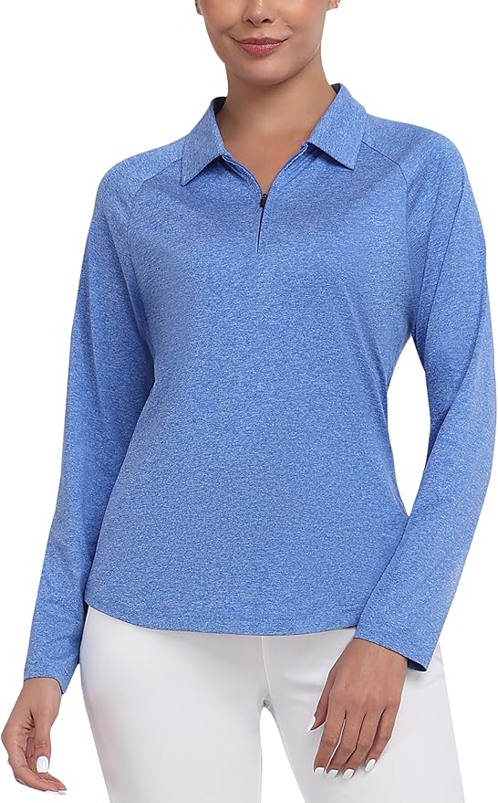 MoFiz Women's Golf Polo Shirt Long Sleeve Collared 1/4 Zip Stretch Soft Athletic Tops for Tennis Hiking & Outdoor Sports