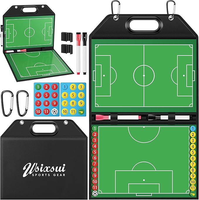 Soccer Coaching Board with Leather Cover, Magnetic Dry Erase Clipboard with Handle for Soccer Coaches | Foldable Full & Half Field Tactics Board with Markers and Clips