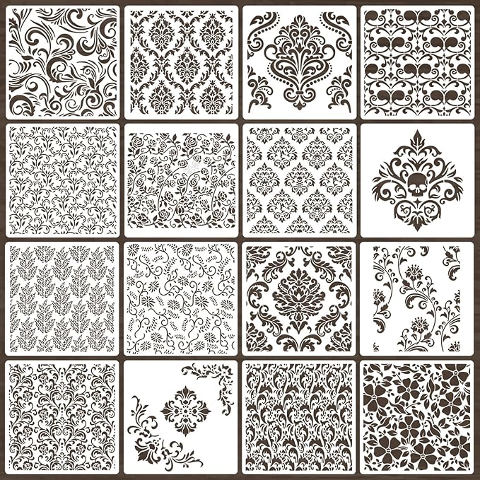 Damask Stencils for Crafts Reusable 6” Texture Stencils Floral Background by SUNVERSE