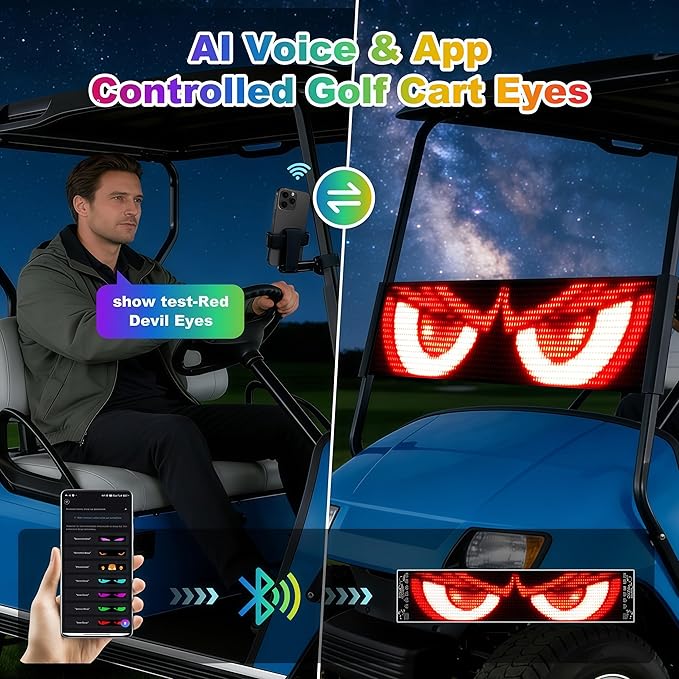 AI Voice Controlled Golf Cart Devil Eyes Light Sign& Led Eyes for Car Windshield - 23x5in Programmable Flexible LED Screen with App Control Animated Scrolling Electra Eyes for Truck UTV Decor