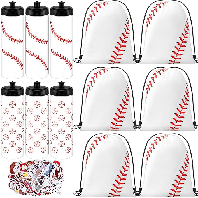 24 Pcs Baseball Party Favors Team Gifts Set 12 Baseball Water Bottle 12 Baseballs Drawstring Bags and 50 Sticker 20 Oz Reusable Squeeze Bottle Bulk Goodies Bag for Party Supplies Sport Event Bike
