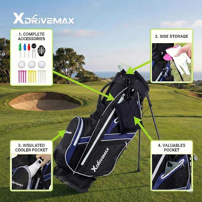 XDriveMax Golf Stand Bag with Accessory Pack, Lightweight 8-Way Top Dividers Golf Bag with Stand, Includes Insulated Cooler Pocket, Dual Strap & Rain Cover