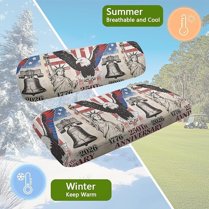 YewatllesGolf Cart Seat Covers, Fit Club Car Seat Cushion, Printed Club Car Accessories Seat Covers, No Nails Required Summer Eagle 250th American Flag