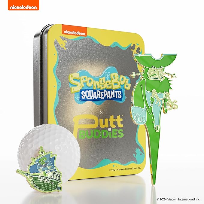 Gold Plated Spongebob Flying Dutchman Divot Tool and Ball Marker Gift Set with Magnetic Hat Clip and Collectible Protective Tin, Officially Licensed Golf Accessories for Collectors
