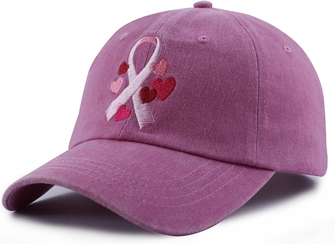 Fight Breast Cancer Hats for Women, Cotton Embroidered Pink Ribbon Little Heart Baseball Cap