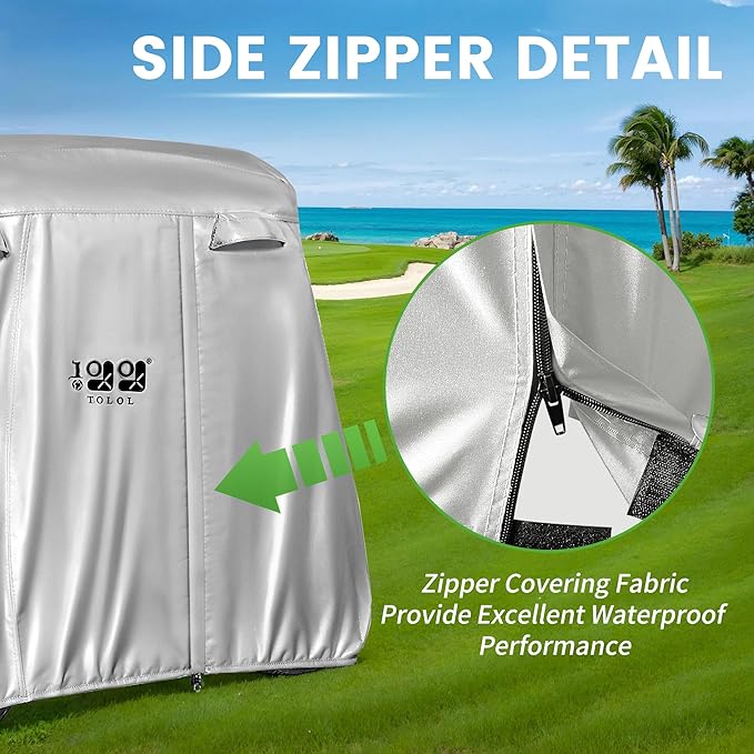 10L0L Golf Cart Cover 2/4/4+2 Passenger for Yamaha EZGO Club Car, Heavy Duty 420D Waterproof Windproof Durable Oxford Golf Cart Cover with 3 Zipper Doors for All-Weather Protection (Black/Silver)