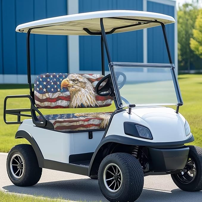 Bulopur Bald Eagle American Flag Golf Cart Seat Covers 2 Pack Fit for EZGO TXT RXV/Club Car DS Precedent Golf Cart Bench Cover and Backrest Cover Set Patriotic Golfcart Accessories