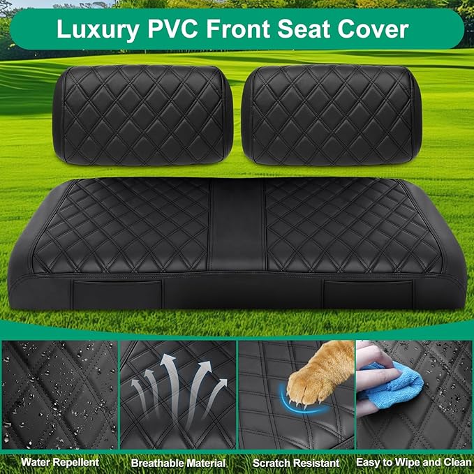 iLSKW Golf Cart Seat Covers for Yamaha G22 G8 G9 G16 G19 G2 Seat Cover OEM Front, Thinck Vinyl Leather with Convex Diamond Texure, Full Wrap-Around Design of Yamaha G22 Golf Cart Front Seat Cover