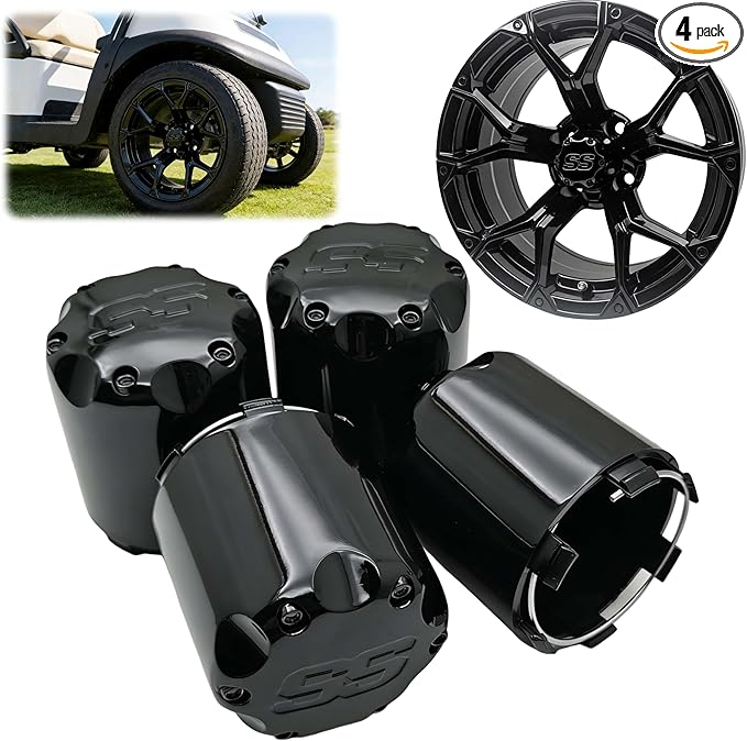Golf Cart SS Wheel Center Cap Cover, ITP Push in Style Wheel Hub Caps Dust Cover for EZGO Club Car Yamaha and Other Models 8,10,12,14 inch Wheel,4 PCS(Gloss Black with Black SS)