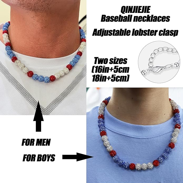QINJIEJIE Baseball Necklace for Men Glitter Bling Rhinestone Beaded Collection Necklace for Women 16/18in Inspired Sports Jewelry Baseball Chain Cool Gifts for Baseball Players Team Lovers