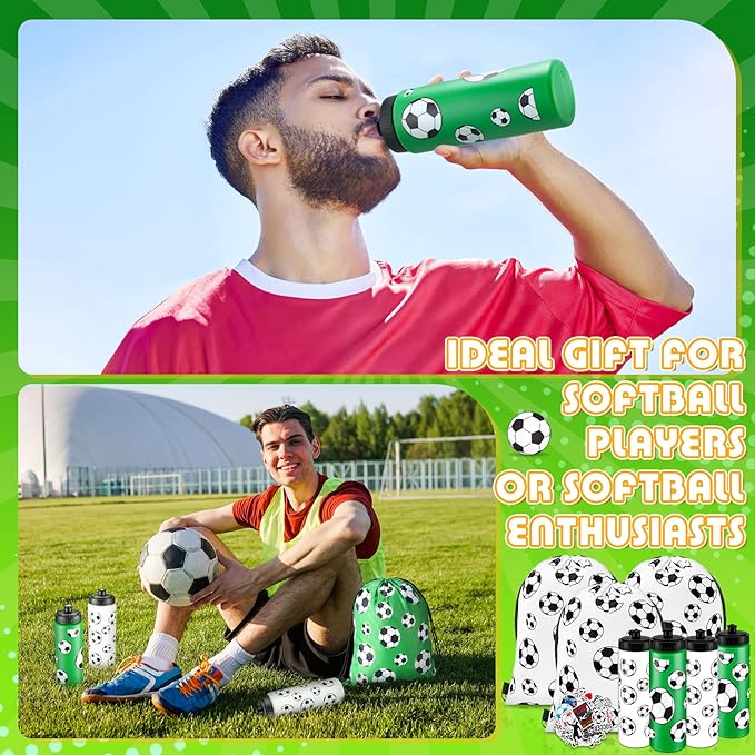 Funnymoom 24 Pcs Soccer Water Bottles Drawstring Bag Set with 50 Sticker Soccer Party Favors 12 Reusable Sports Squeeze Water Bottles 20oz 12 Soccer Goodie Gift Bag for Soccer Team Gifts Players Gym