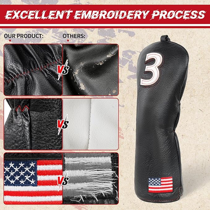 Golf Head Covers, US Flag Patriotism Golf Club Cover for Woods and Driver, Fairway, Hybrid - Premium Leather Golf Club Head Covers with Interchangeable Tags