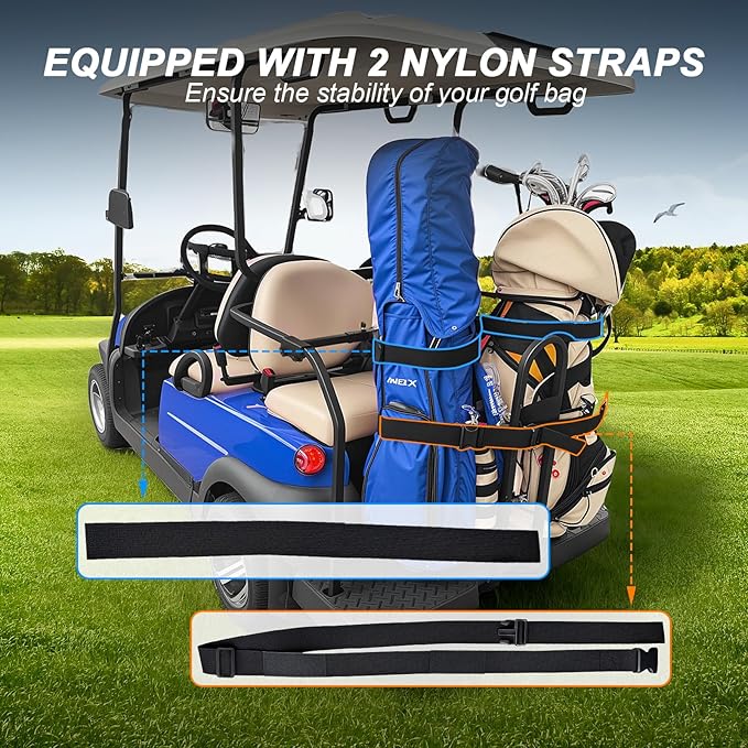 Universal Golf Cart Bag Holder Bracket Attachment for 2+2 Golf Cart Rear Seat with 1 Inch Square Tube, No Drilling Adjustable Golf Back Seat Bag Rack for EZGO Club Car Yamaha