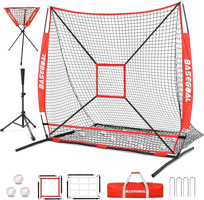 BaseGoal 6'×6' Baseball Softball Practice Net,Baseball Backstop,with Batting Tee,Ball Caddy,for Hitting Pitching Batting Catching with Bow Frame,Bonus Strike Zone,Target,Portable and Foldable