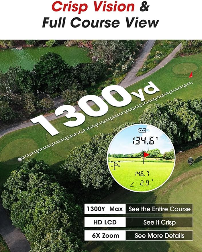 Golf Rangefinder with Slope & Magnet，1300 Yards Range Finder for Golf，Flag Locking Vibration，6-6.5X Magnification & HD LCD，Rechargeable Golf Range Finder