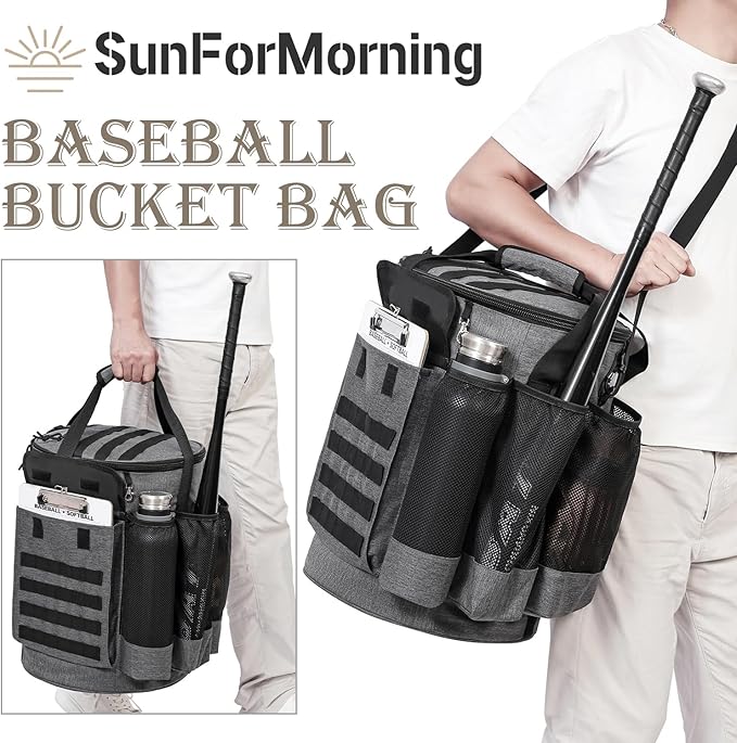 Baseball Bucket Bag Baseball Coaching Accessories Organizer Tactical Style Softball Bucket Bag with Anti-Slip Bottom, Multiple Pockets for Bat, Gloves, Scoreboards