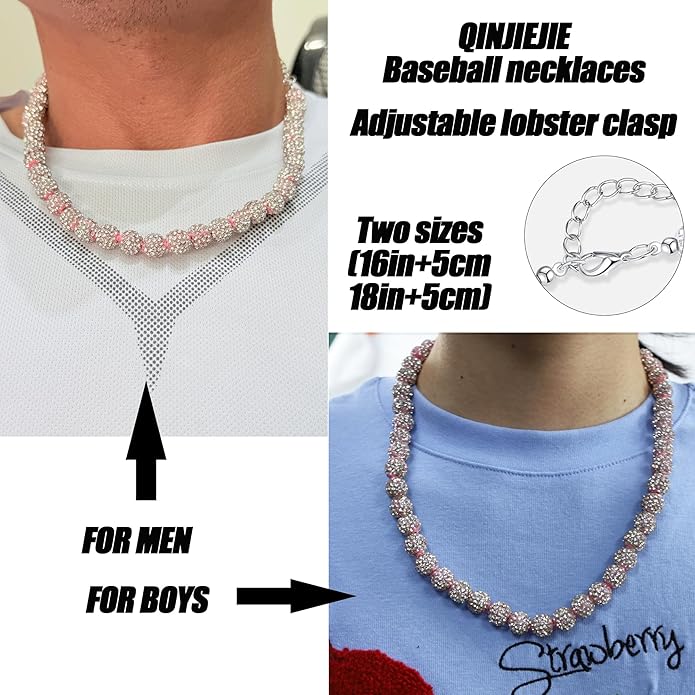 QINJIEJIE Baseball Necklace for Men Glitter Bling Rhinestone Beaded Collection Necklace for Women 16/18in Inspired Sports Jewelry Baseball Chain Cool Gifts for Baseball Players Team Lovers