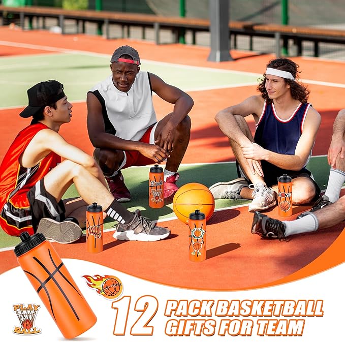 DI QIU REN 12 PCS Basketball Water Bottle Bulk with 300 PCS Stickers, 20 OZ Plastic Reusable Basketball Water Bottles for Boys, Squeeze Water Bottles Sports for Team