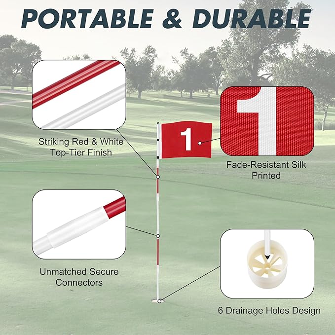 DURARANGE Golf Flagstick 6ft, 5-Section Design, ABS Hole Cup, 420D Nylon Flag for Backyard Practice Putting Green | Driving Range | Country Club, Gift for Golf Lovers