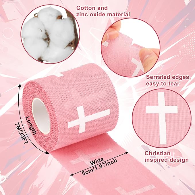 MiniInflat 2 Pcs Christian Cross Athletic Tape Sports Tape 2in x 23ft Religion Jesus Wrist Wrap for Soccer Football Baseball, Gift for Graduation Teacher Nurses Week Pentecost(Pink,Crosses)