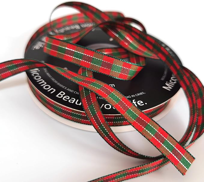 Micomon X'Mas Gingham Ribbon Green Red Metallic Gingham Ribbon 25 Yards Each - Image 5