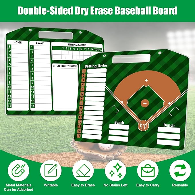 Baseball Coach Clipboard, Anglecai Double-Sided Dry Erase Baseball Lineup Board for Softball Dugout Board Baseball Coaching Board with 30 Lineup Card/ 10 Magnet/2 Marker/2 Hook (Green)