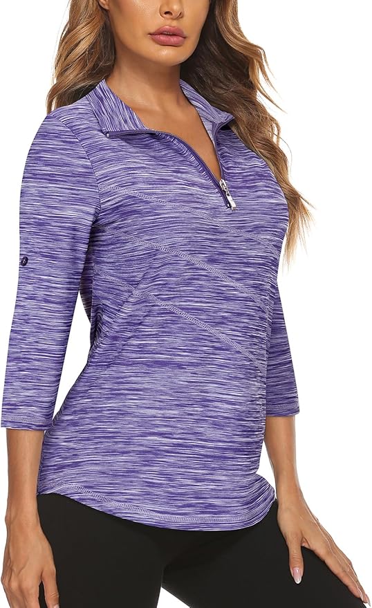 Koscacy Women's 3/4 Roll Sleeve Golf Tennis Polo Shirts UPF50+ Half Zip Dry Fit Workout Tops Athletic Shirt