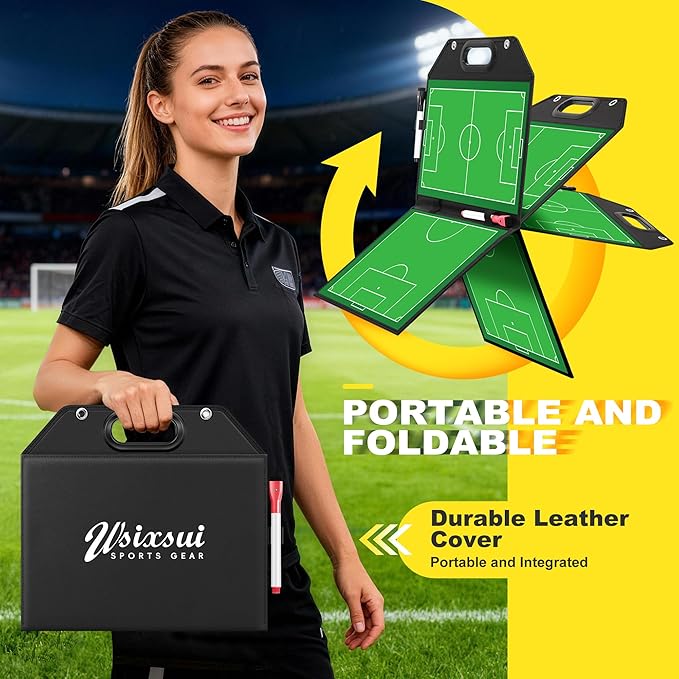 Soccer Coaching Board with Leather Cover, Magnetic Dry Erase Clipboard with Handle for Soccer Coaches | Foldable Full & Half Field Tactics Board with Markers and Clips